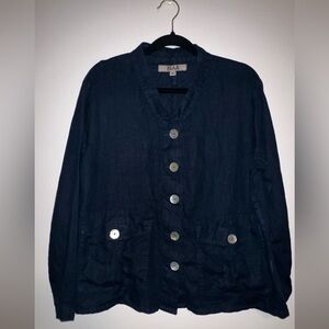 FLAX Women's Navy Blue Linen Lightweight Button Up Shirt Jacket Pockets Small S